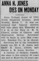 Anna H. Jones Dies on Monday